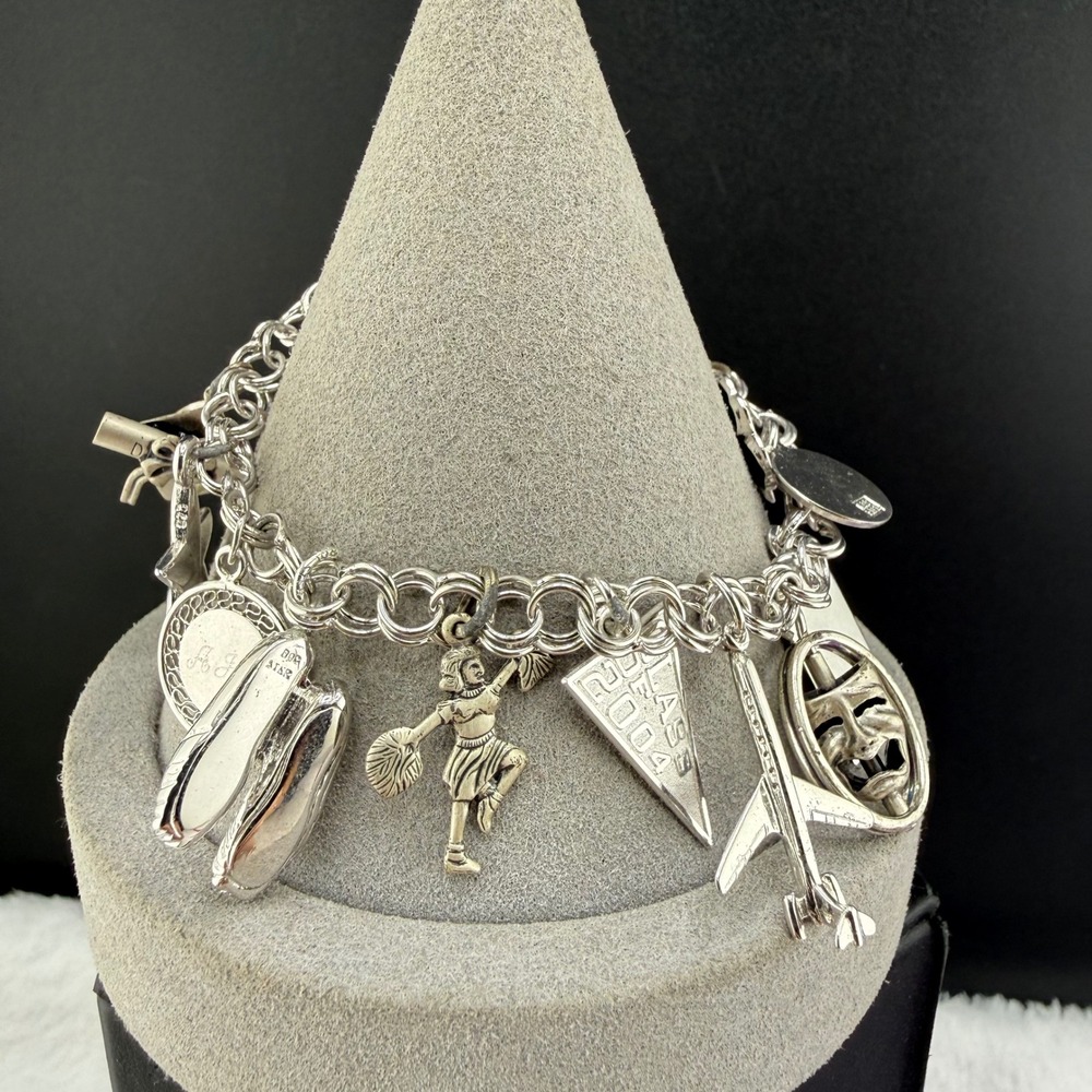 Vintage Sterling Silver Charm Bracelet Cheer Ballet Piano Drama 7"